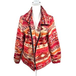 Gorpcore‎ Fleece Jacket Aztec Geo Zip Women Sz L Red Pattern Warm Cozy Cabincore